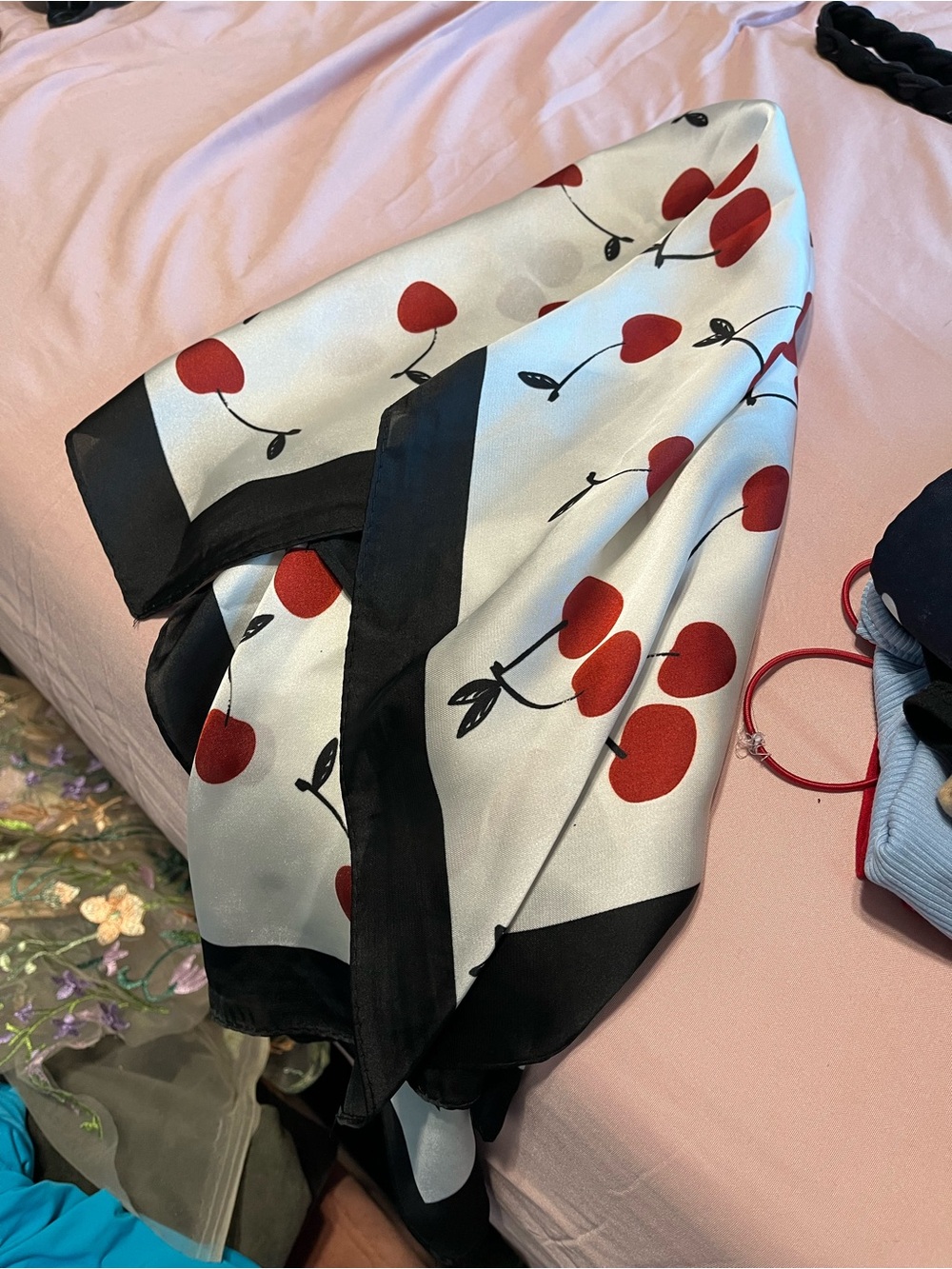 Silky Cherry Print Black-Trim Scarf - Women's Accessory